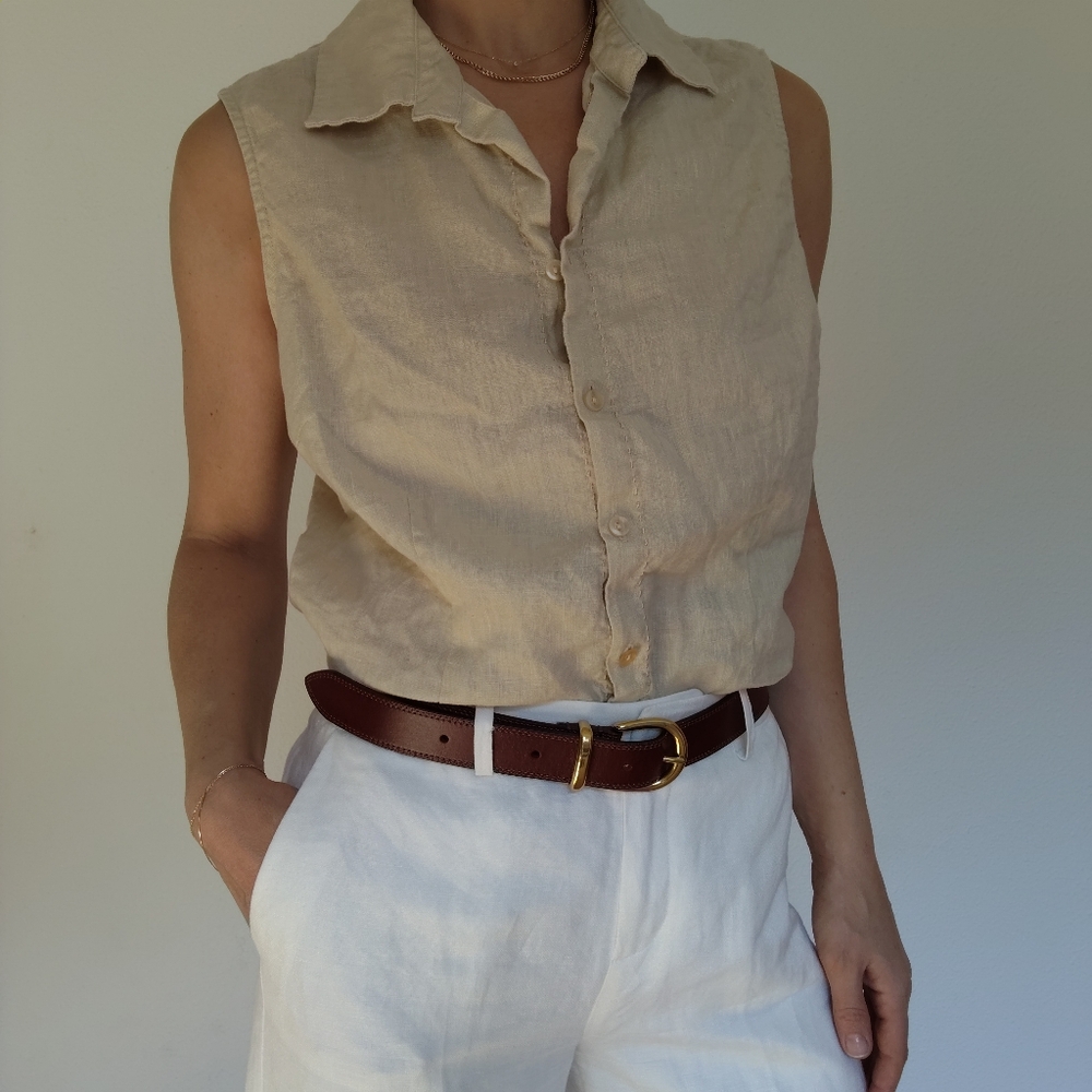 George Linen Button Front Tank Top Neutral Minimalist / Size Large